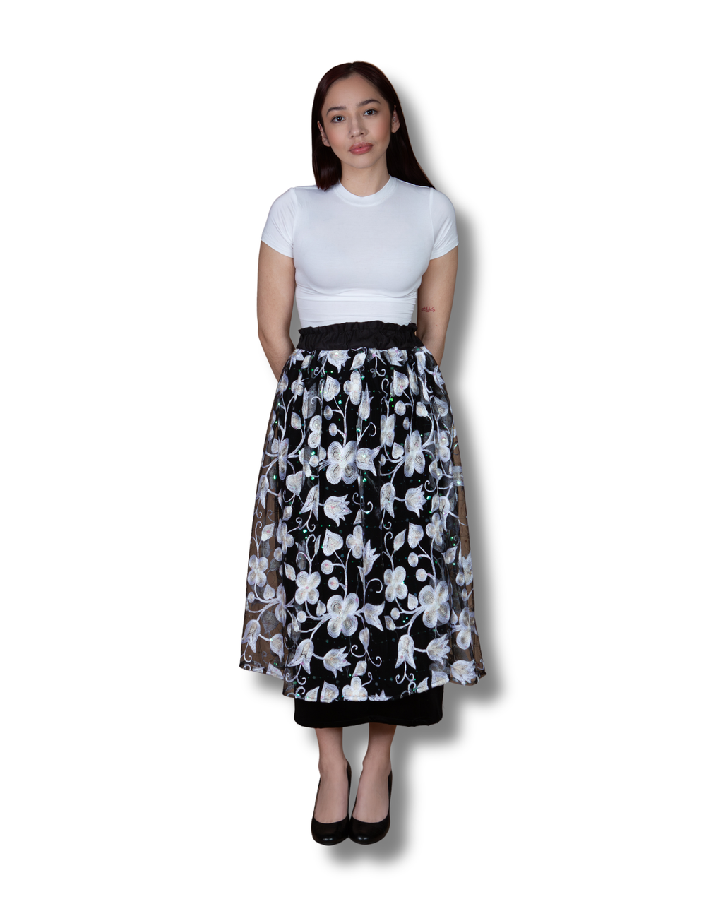 White Rose Lace Midi Skirt